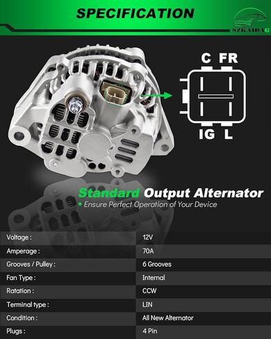 Alternator for:-Honda Civic Lx Ex Gx Dx Hx 2001 2002 2003 2004 2005 01 02 03 04 05 1.7L L4, 12V 70Amp CCW 6-Groove Pulley, Upgraded Replacement Alternators, OE# 31100-PLM-A01 (ALL-NEW) in Saudi Arabia