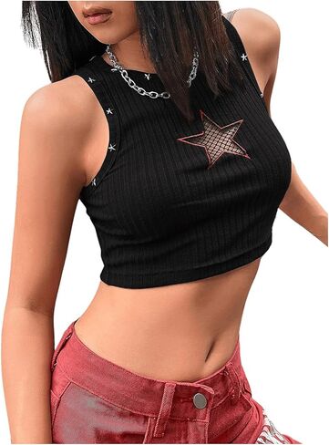 سترة علوية نسائية من OYOANGLE على شكل Goth Cami قصيرة متباينة من شبكة صيد السمك ومطرزة على شكل نجمة بدون أكمام مضلعة in Kuwait