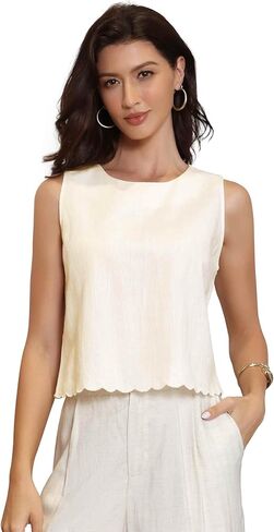 Allegra K Linen Tank Top for Women's Sleeveless Summer Crew Neck Scallop Hem Office Cropped Vest Top in Saudi Arabia