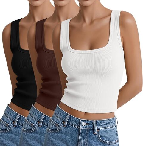 عبوة من 3 قمصان نسائية مضلعة برقبة مربعة - قمصان صيفية قصيرة أساسية in Kuwait