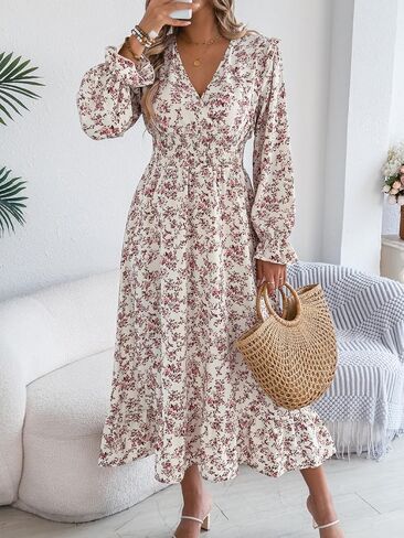 Women's Warp V Neck Floral Print Dresses Puff Long Sleeve Smockes Waist Swing Flowy Ruffle Midi Dresses in Saudi Arabia