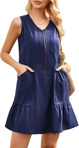 Kikibell Women's Casual Half Zip Tank Utility Dress Loose V Neck Sleeveless Summer Safari Dresses with Pockets in Kuwait