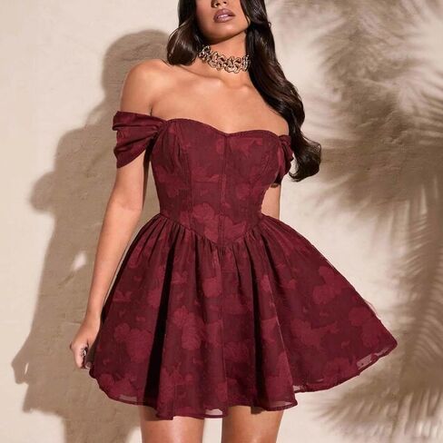 Women's Off Shoulder Dress Short Sleeve Mini Fit Flare Skater A Line Dress Date Night Party Birthday Summer Outfit in Saudi Arabia