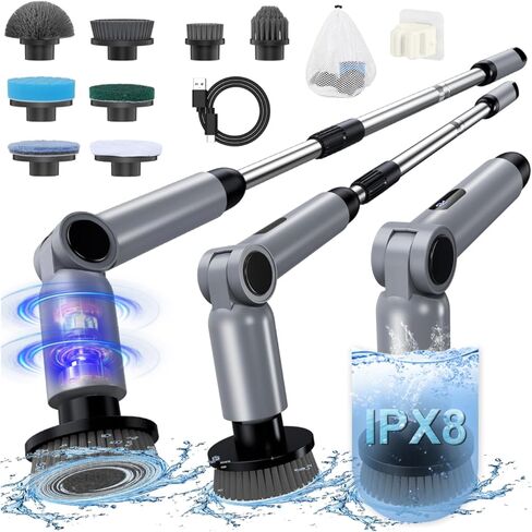 Electric Spin Scrubber, [IPX7 Waterproof ] [50KG Torque] Shower Scrubber with 9 Brush Heads, 2 Speed Mode, 4 Adjustable Angles, Electric Scrubber for Cleaning for Bathroom Floor Tile in Saudi Arabia
