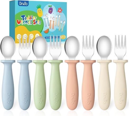 8 Pieces Toddler Utensils Set - Kids Silverware Set with Silicone Handle Children Safe 18/8 Stainless Steel Forks and Spoons Anti-Choke Design Food Grade Dishwasher Safe in Kuwait
