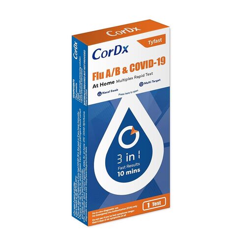اختبار سريع متعدد CorDx TyFast Flu A/B وCovid-19، 10 دقائق في المنزل، معتمد من إدارة الغذاء والدواء الأمريكية، مجموعة كومبو 3 في 1، اختبار واحد in Kuwait