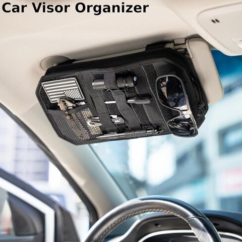 Car Visor Organizer, Sun Visor Organizer for Trucks Cars SUVs, Tactical Car Accessories with Zipper Visor Storage Pouch, Glasses Clip and Card Sleeve Pocket, Molle Visor Organizer with Panel (Black) in Saudi Arabia