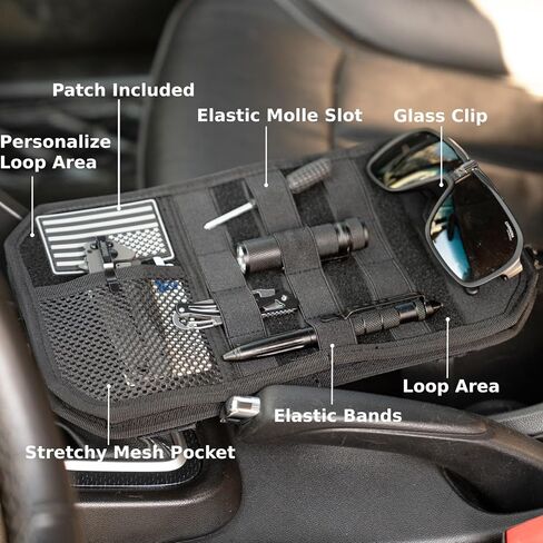 Car Visor Organizer, Sun Visor Organizer for Trucks Cars SUVs, Tactical Car Accessories with Zipper Visor Storage Pouch, Glasses Clip and Card Sleeve Pocket, Molle Visor Organizer with Panel (Black) in Saudi Arabia