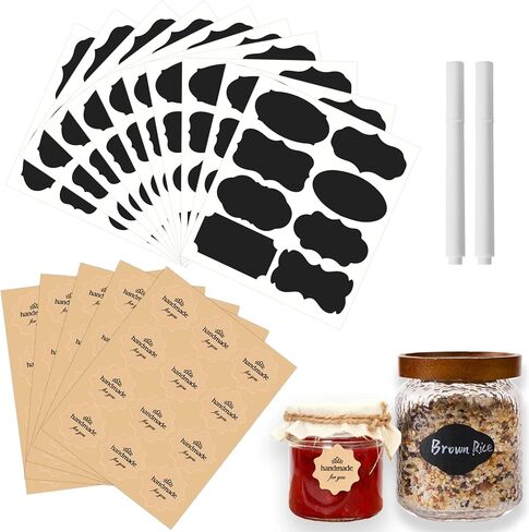 مجموعة ملصقات برطمان مكونة من 142 قطعة - 80 ملصق سبورة سوداء قابلة لإعادة الاستخدام مع 2 قلم طباشير أبيض قابل للمسح، 60 ملصقًا مصنوعًا يدويًا، مثالية لبرطمانات الماسون وبرطمانات التوابل وبرطمان المربى وحاويات الطعام المتنوعة in Kuwait