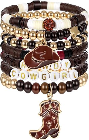 Brown Cowgirl Bracelets for Women, Stackable Western Charm Bracelet, Western Country Beaded Stretch Bracelets with Hat Boots Charm, Boho Christmas Birthday Gifts for Women Girls(7 PCS) in Saudi Arabia