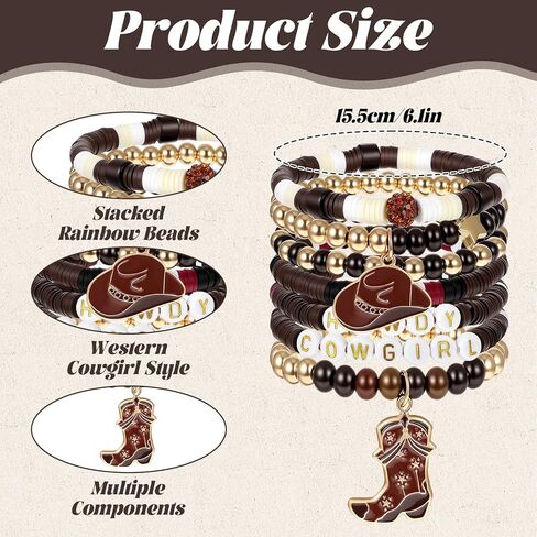 Brown Cowgirl Bracelets for Women, Stackable Western Charm Bracelet, Western Country Beaded Stretch Bracelets with Hat Boots Charm, Boho Christmas Birthday Gifts for Women Girls(7 PCS) in Saudi Arabia