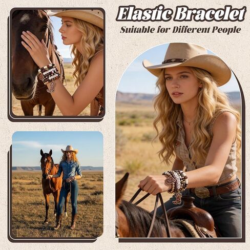 Brown Cowgirl Bracelets for Women, Stackable Western Charm Bracelet, Western Country Beaded Stretch Bracelets with Hat Boots Charm, Boho Christmas Birthday Gifts for Women Girls(7 PCS) in Saudi Arabia