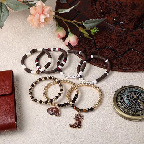 Brown Cowgirl Bracelets for Women, Stackable Western Charm Bracelet, Western Country Beaded Stretch Bracelets with Hat Boots Charm, Boho Christmas Birthday Gifts for Women Girls(7 PCS) in Saudi Arabia