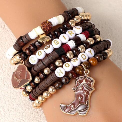 Brown Cowgirl Bracelets for Women, Stackable Western Charm Bracelet, Western Country Beaded Stretch Bracelets with Hat Boots Charm, Boho Christmas Birthday Gifts for Women Girls(7 PCS) in Saudi Arabia
