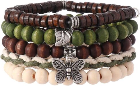 Boho Bracelet for Men & Women Retro Multilayer Handmade Wooden Bead Stretch with Butterfly Charm in Saudi Arabia