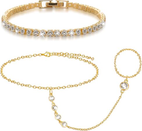 JATEBI Gold Ring Hand Chain Bracelet for Women,14k Gold Plated Cubic Zirconia Link Chain Bracelet Set,Trendy Ring Chain Bangle Cuff Bracelets Adjustable Hypoallergenic Trendy Jewelry in Saudi Arabia