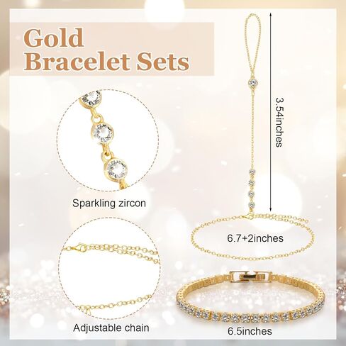 JATEBI Gold Ring Hand Chain Bracelet for Women,14k Gold Plated Cubic Zirconia Link Chain Bracelet Set,Trendy Ring Chain Bangle Cuff Bracelets Adjustable Hypoallergenic Trendy Jewelry in Saudi Arabia