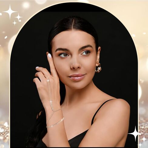 JATEBI Gold Ring Hand Chain Bracelet for Women,14k Gold Plated Cubic Zirconia Link Chain Bracelet Set,Trendy Ring Chain Bangle Cuff Bracelets Adjustable Hypoallergenic Trendy Jewelry in Saudi Arabia
