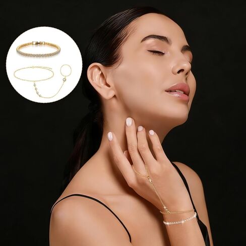 JATEBI Gold Ring Hand Chain Bracelet for Women,14k Gold Plated Cubic Zirconia Link Chain Bracelet Set,Trendy Ring Chain Bangle Cuff Bracelets Adjustable Hypoallergenic Trendy Jewelry in Saudi Arabia