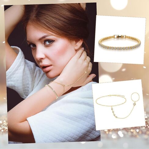 JATEBI Gold Ring Hand Chain Bracelet for Women,14k Gold Plated Cubic Zirconia Link Chain Bracelet Set,Trendy Ring Chain Bangle Cuff Bracelets Adjustable Hypoallergenic Trendy Jewelry in Saudi Arabia