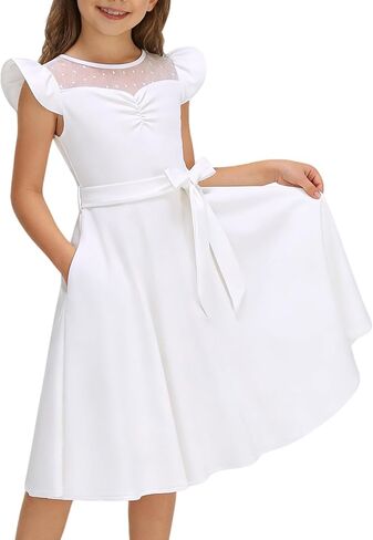 Girls Dresses Summer Casual Party Ruffle Sleeve A Line Dress with Pockets, Mesh & Removable Belt in Saudi Arabia