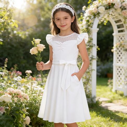 Girls Dresses Summer Casual Party Ruffle Sleeve A Line Dress with Pockets, Mesh & Removable Belt in Saudi Arabia