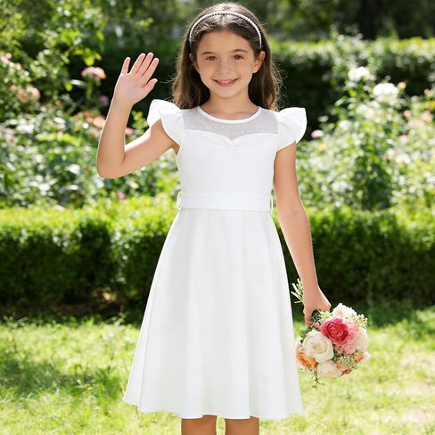 Girls Dresses Summer Casual Party Ruffle Sleeve A Line Dress with Pockets, Mesh & Removable Belt in Saudi Arabia