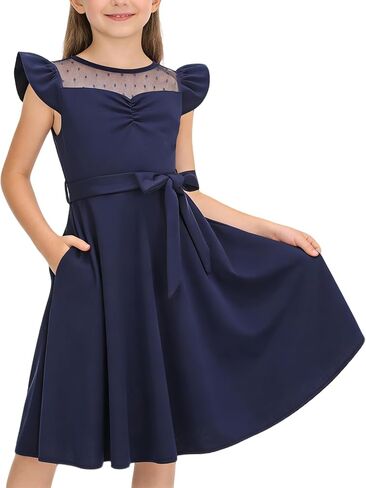 Girls Dresses Summer Casual Party Ruffle Sleeve A Line Dress with Pockets, Mesh & Removable Belt in Saudi Arabia