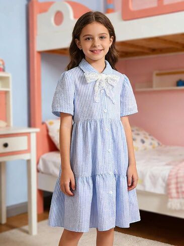 Sky Blue Girls Short Sleeve Dress, Summer Casual Bowknot Lightweight Kids Skirt for Birthday Party Vacation 2–7Y in Saudi Arabia