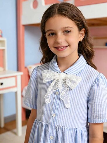 Sky Blue Girls Short Sleeve Dress, Summer Casual Bowknot Lightweight Kids Skirt for Birthday Party Vacation 2–7Y in Saudi Arabia