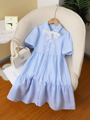 Sky Blue Girls Short Sleeve Dress, Summer Casual Bowknot Lightweight Kids Skirt for Birthday Party Vacation 2–7Y in Saudi Arabia