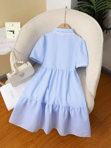 Sky Blue Girls Short Sleeve Dress, Summer Casual Bowknot Lightweight Kids Skirt for Birthday Party Vacation 2–7Y in Saudi Arabia