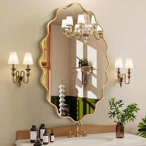 مرآة حائط بيضاوية، مرآة حمام ذهبية متموجة مقاس 22 بوصة × 30 بوصة للجدار مع إطار فولاذي مصقول وزجاج مقاوم للكسر، مرايا حائط مزخرفة لحوض الحمام وغرفة النوم وغرفة المعيشة والمدخل in Kuwait