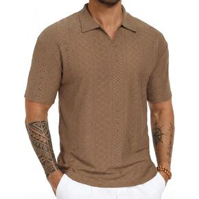 Vssjavun Mens V Neck Polo Shirts Oversized Drop Shoulder Short Sleeve Hollow Out Buttonless Casual Beach Shirt in Kuwait