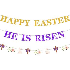 لافتة He is Risen لافتة عيد الفصح السعيدة، لافتة Jesus is Risen، لافتة دينية على شكل أرنب مسيحي، إكليل للمنزل والمكتب والمدرسة in Kuwait