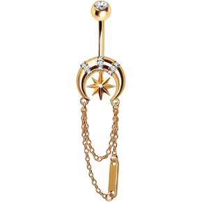 Pierced Owl 14GA Gold Plated 316L Stainless Steel Crescent Moon with Dangling Chains Belly Button Ring in Saudi Arabia