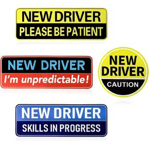 4PCS New Driver Magnet for Car, 10"x3.5" Funny Magnetic Signs with 4.7" Round Novice Driver Sticker, Reflective Safety Warning Sign Reusable Bumper Magnets for Student Drivers in Kuwait