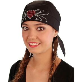 Black Skull Cap with Red Heart and Swirls Rhinestud - American Made Embellished Classic Skull Cap Doo Rag Do Rag Headwrap - Made in USA! in Kuwait