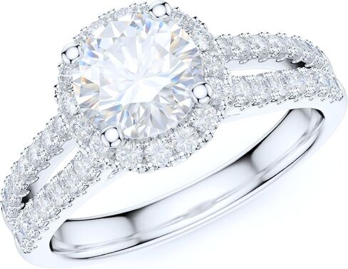 فضة سبليت شانك 1.0CT مقلد جولة بريليانت قطع الماس أو حقيقية مويسانيتي هالة خاتم الخطوبة خاتم الزفاف للنساء in Kuwait