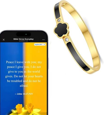 Fullrainbow Bible Verse Bracelet Religious Daily Bible Verse NFC Bracelet for Women, Gold Plated Bangle Bracelets with Black Enamel Flower Design and Crystal Accents (gold) in Saudi Arabia