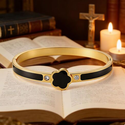 Fullrainbow Bible Verse Bracelet Religious Daily Bible Verse NFC Bracelet for Women, Gold Plated Bangle Bracelets with Black Enamel Flower Design and Crystal Accents (gold) in Saudi Arabia