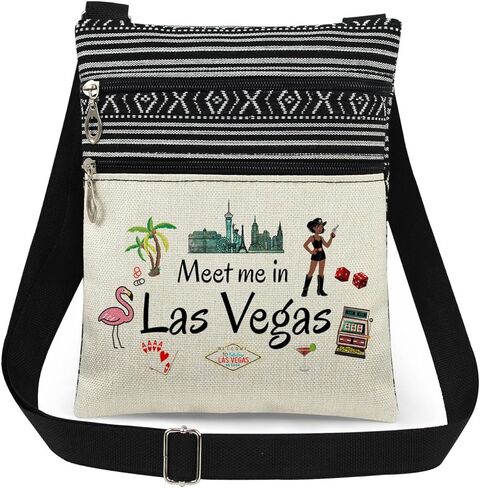 Las Vegas Theme Crossbody Bag Cityscape Print with Meet Me in Las Vegas Script and Casino Elements Adults Adjustable Strap Purse Fun Gift for Casino Lovers and Travel Enthusiasts in Saudi Arabia