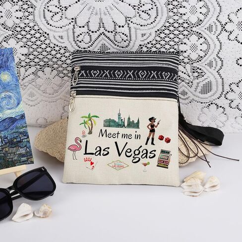 Las Vegas Theme Crossbody Bag Cityscape Print with Meet Me in Las Vegas Script and Casino Elements Adults Adjustable Strap Purse Fun Gift for Casino Lovers and Travel Enthusiasts in Saudi Arabia