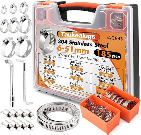 Hose Clamp Assortment 175 PCS 304 Stainless Steel Worm Gear Hose Repair Clamps Kit 6-51mm (1/4"-2") for Automotive,Fuel Line, Plumbing,Radiator, Marine and DIY in Kuwait