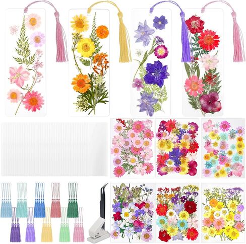 344 Pcs Pressed Flower Bookmark Making Kit, 50 Laminating Pouches with 242 Dried Flowers, 50 Tassels, Tweezer and Punch, Party DIY Crafts Bookmark for Reading Women Kids in Saudi Arabia
