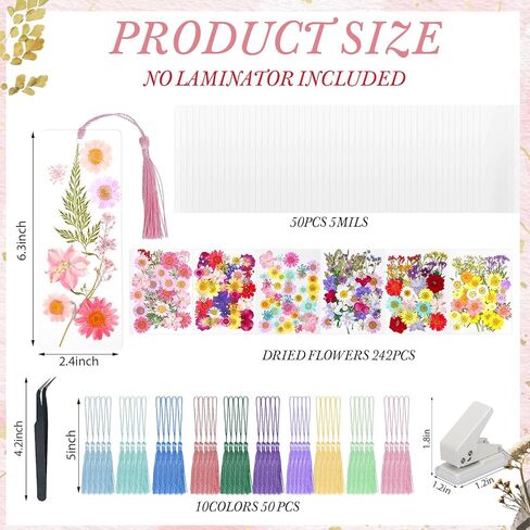 344 Pcs Pressed Flower Bookmark Making Kit, 50 Laminating Pouches with 242 Dried Flowers, 50 Tassels, Tweezer and Punch, Party DIY Crafts Bookmark for Reading Women Kids in Saudi Arabia