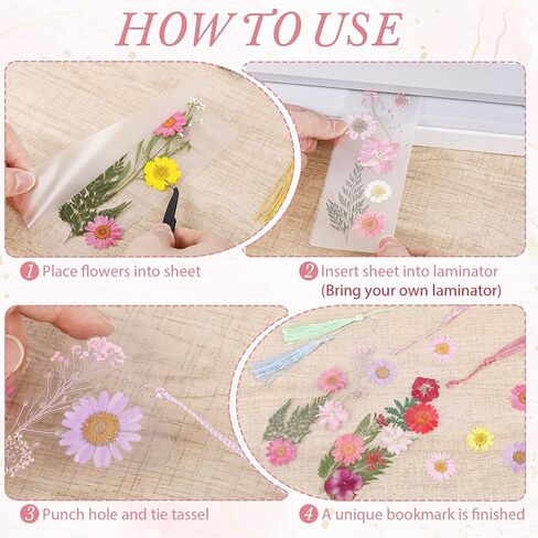 344 Pcs Pressed Flower Bookmark Making Kit, 50 Laminating Pouches with 242 Dried Flowers, 50 Tassels, Tweezer and Punch, Party DIY Crafts Bookmark for Reading Women Kids in Saudi Arabia