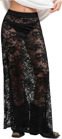 QJQ Women's Sheer Mesh Lace Skirt A Line Elastic High Waisted Sexy See Through Flowy Long Skirt in Saudi Arabia
