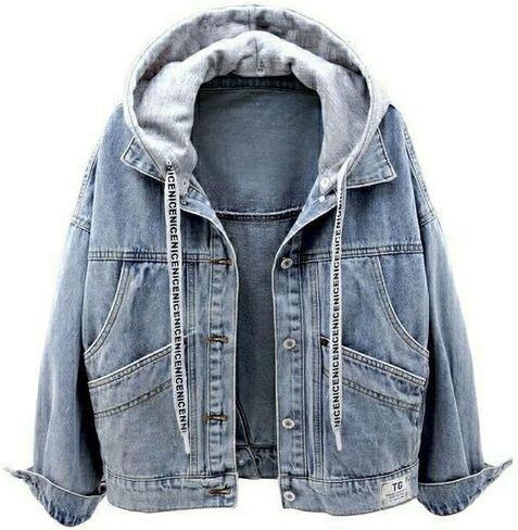 Denim Jacket with Removable Hood, Light Blue, Button Front, Casual Streetwear Style in Saudi Arabia