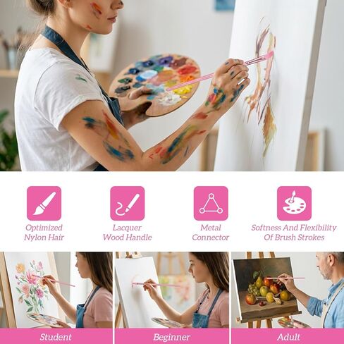 6 Pcs Acrylic Paints Brush Set, Watercolor Brush Nylon Hair Brushes for Paint Oil Painting Round Flat Art Paint Brushes Kit for Beginners with 2/4/6/8/10/¼ Sizes(Pink) in Saudi Arabia